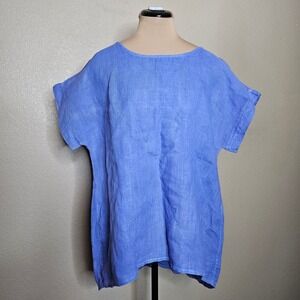 Terzo Millennio Linen Button Back Tunic Top Periwinkle Blue Size Large